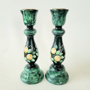 Pair of Vintage Painted Rustic Green Wood Candlestick holders 7" height